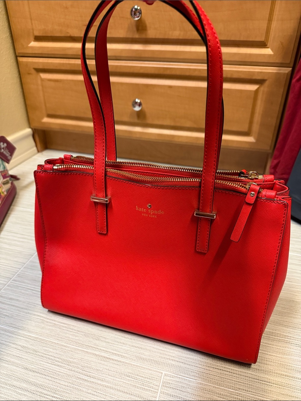 kate spade red structured saffiano leather tote